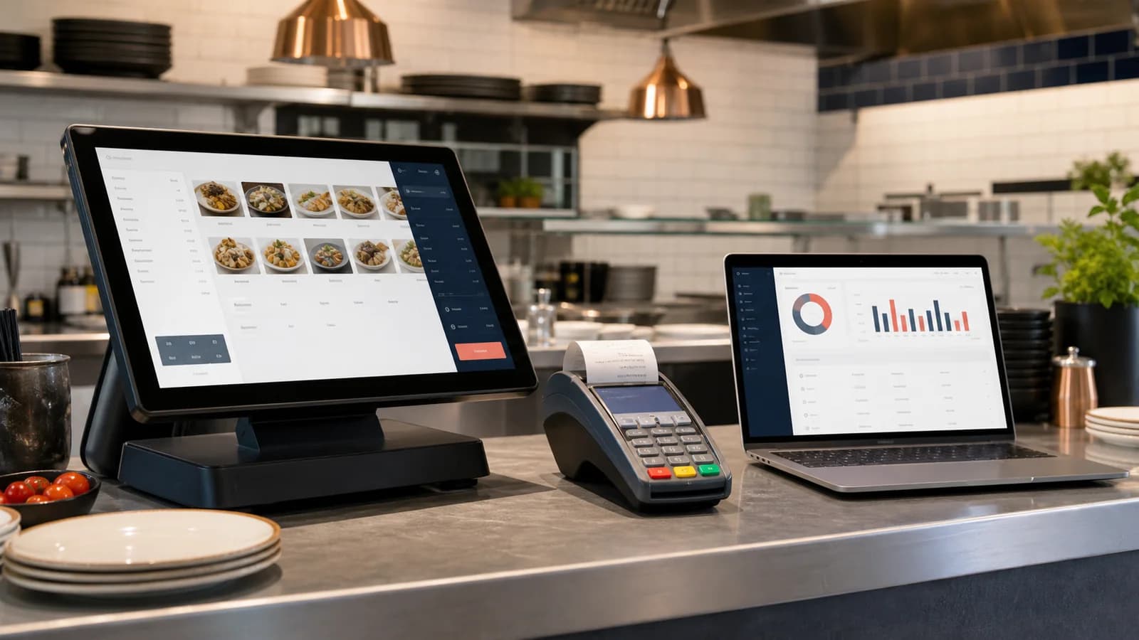 Restoran sipariş ekranı, yazarkasa POS cihazı ve satış raporunun aynı operasyon akışında kullanımı
